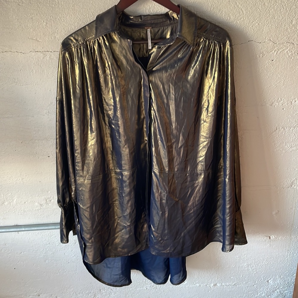 Free People Gold Metallic Button Down Oversized Shirt in Size XS
